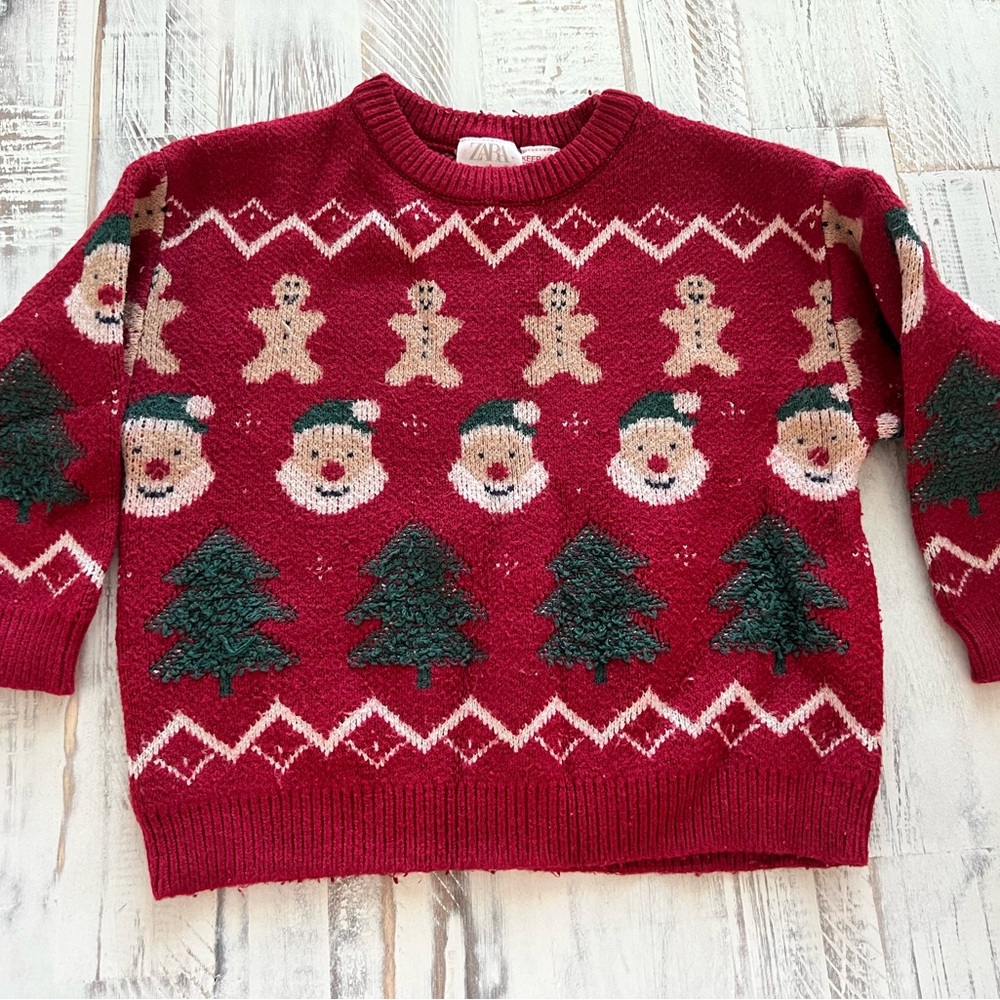 Festive Red Christmas Sweater with Gingerbread and Snowmen